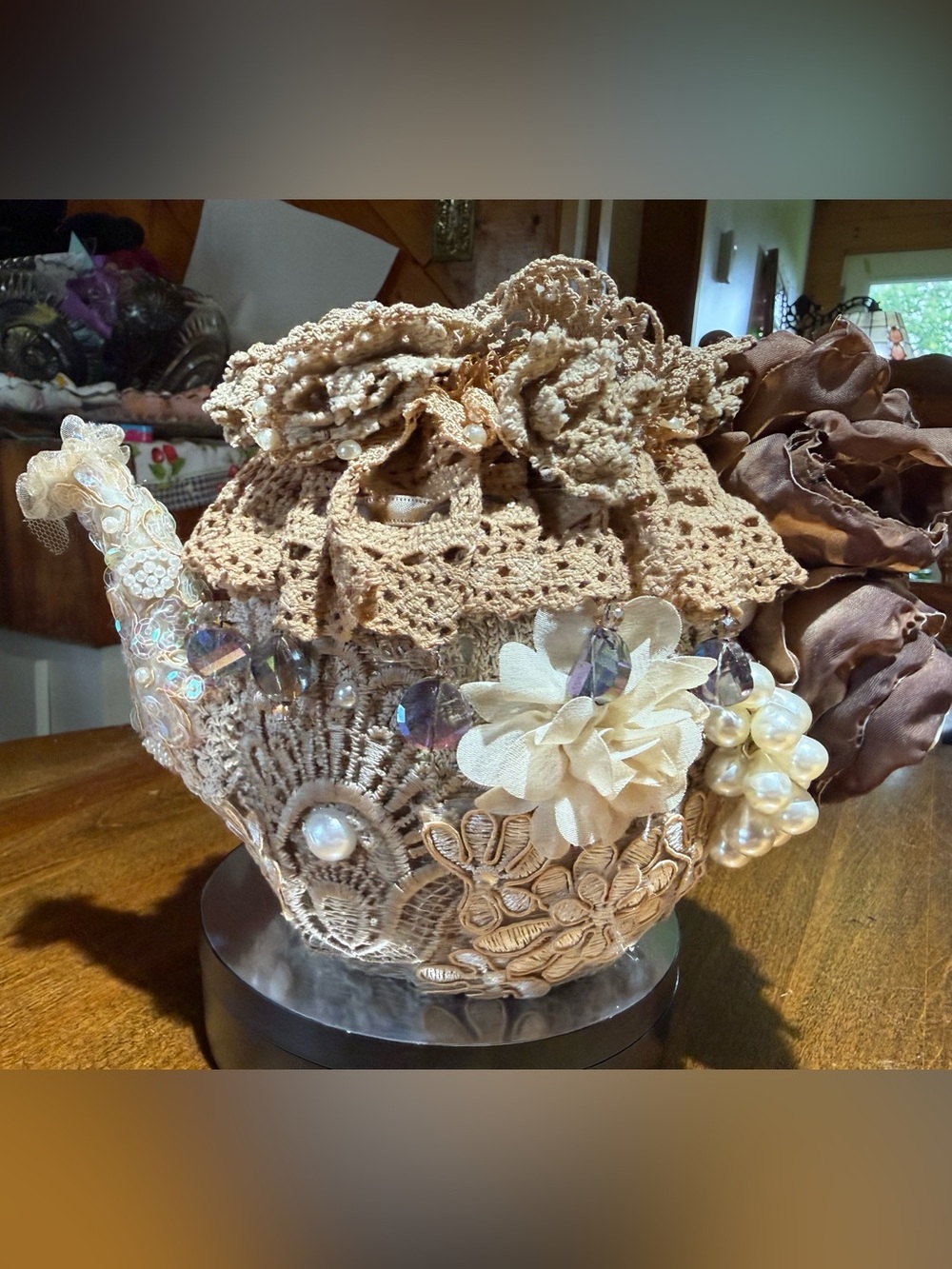 Handcrafted Beige Crochet Decorative Vase Cover with Floral Accents